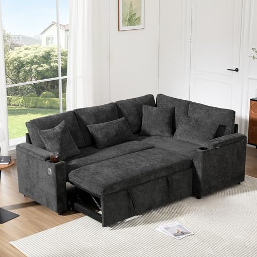 Merax Sofa Ecksofa mit Schlaffunktion, Praktisches Schlafsofa mit Bettkasten, Schlafcouch mit Stauraum, Getränkehalter, USB-Ladeanschluss und Armlehnenablage, für Wohnzimmer/Schlafzimmer, Dunkelgrau
