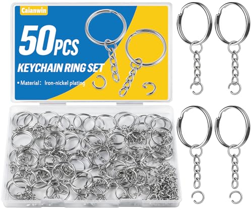 Caianwin 50 Stück 25mm Schlüsselring mit Kette und Spaltring, Silber Keyring Metall Schlüsselring Ringe Paket für Schlüssel Handwerk Diy, Bastelarbeiten, Schmuckherstellung