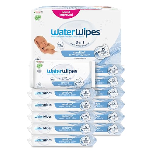 WaterWipes Sensitive+ Newborn & Baby Wipes, Feuchttücher für Neugeborene und Babys, 720 Stück (12 Packungen), 3-in-1-Reinigung, Pflege, Schutz, 99,9% Wasser, parfümfrei