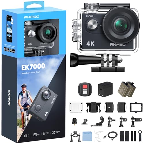 AKASO Action Cam,4K30FPS 20MP WiFi Unterwasserkamera EIS Stabilisierung 170° Weitwinkel Ultra HD Action Kamera mit 4X Zoom und 2x1050mAh Akkus-EK7000 Schwarz