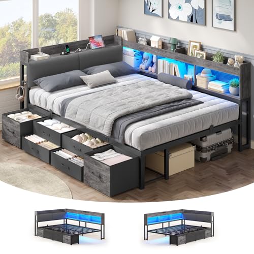 AOGLLATI Polsterbett Schlafsofa 140x200 mit Stauraum Jugendbett mit 6 Staufächern & 6 Schubladen Bett 140x200 mit LED-Beleuchtung & Ladestation,Tagesbett mit Gepolstertem Kopfteil(Grau, 140x200cm)