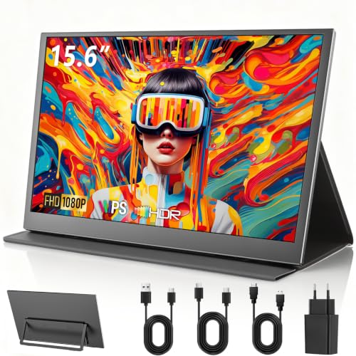 Portable Monitor 15,6 Zoll, 1920x1080P FHD IPS Entspiegelt | USB-C & Mini HDMI | Integrierte Lautsprecher & Schutzhülle mit Ständer | Zusatzbildschirm für Laptop, PC, Mac, Handy, PS5/4, Xbox, Switch