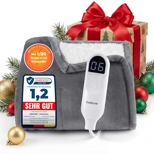 BEDSURE Heizdecke mit Abschaltautomatik Wärmedecke Geschenke für Frauen Weihnachten für Mama, Elektrische Kuscheldecke mit 6 Heizstufen & 10 Stunden Timer, 130x180cm, Grau