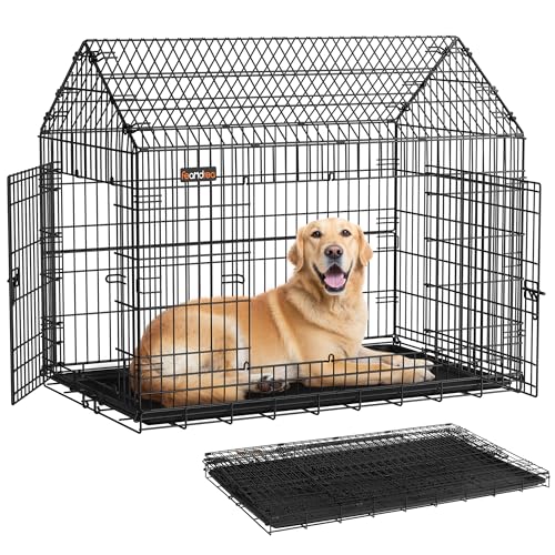 Feandrea Hundekäfig, Hundebox, 120 x 72,5 x 109 cm, Metall, Haustierkäfig faltbar, XXL, für große Hunde, mit Doppeltür, leicht zu reinigen, für Zuhause, Auto, tintenschwarz PPD015B01