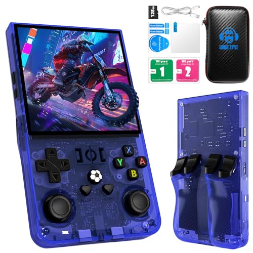 R36MAX Retro-Handheld-Spielkonsole, Retro-Spielkonsole mit 4,0-Zoll-IPS-HD-Bildschirm, Open-Source-Linux-System und 4000-mAh-Akku (Blau 128GB)