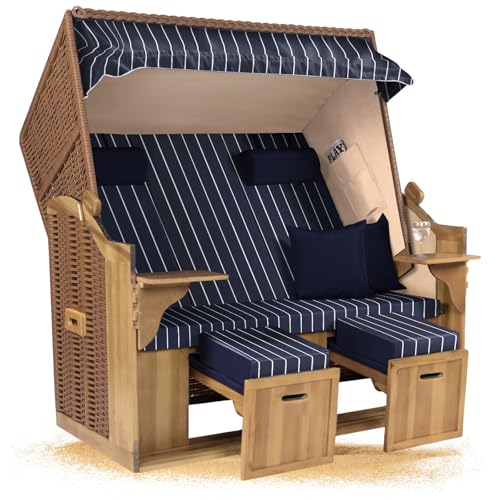 Strandkorb Hanse Ostsee XXL 2,5 Sitzer Volllieger Natur Beige 150cm breit, ideal für Garten, Terrasse und Balkon (Blau Weiß Nadelstreifen, Zerlegt)