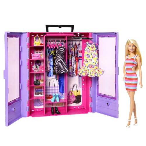 Barbie Fashionistas ultimativer Kleiderschrank, tragbares Modespielzeug mit Puppe, Kleidung, Accessoires und Kleiderbügeln, Geschenk für Kinder ab 3 Jahren, HJL66