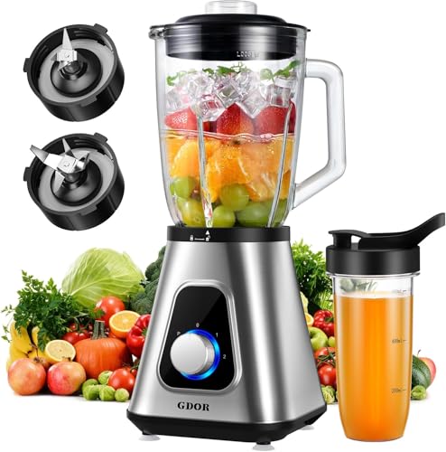 GDOR 1200W Smoothie Maker 2-1 Standmixer Glas mit 1,5L Glaskrug und 650ml Reisebecher 3 Geschwindigkeiten Blender Professionell Mixer Hochleistungsmixer für Smoothies Shakes Gefrorene Getränke Saucen