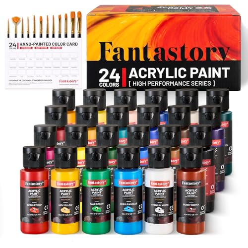 Fantastory Acrylfarben Set 24 x 60 ml, Acrylic Paint, 12 Pinsel & Farbkarte