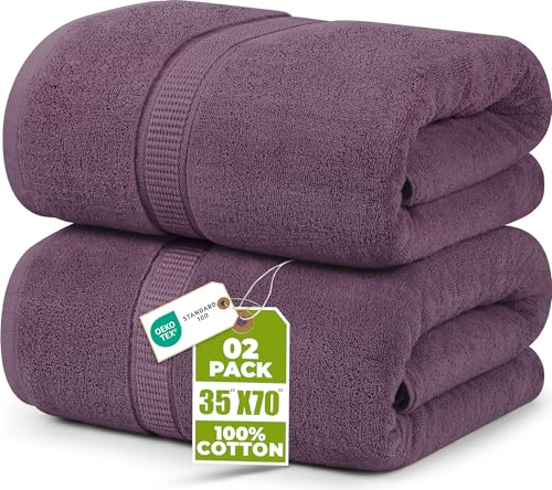 Utopia Towels - 2er Badetücher Groß aus Baumwolle mit Aufhänger, Saunatücher,Badehandtücher Groß, Handtücher 90 x 180 cm (Pflaume)