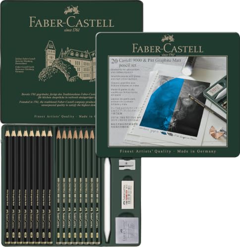 FABER-CASTELL - Bleistifte Set Pitt Graphite Matt & Castell 9000 | 20-teilig mit 16 Künstlerbleistiften, Papierwischer, Knetradierer, Radierer und Spitzer
