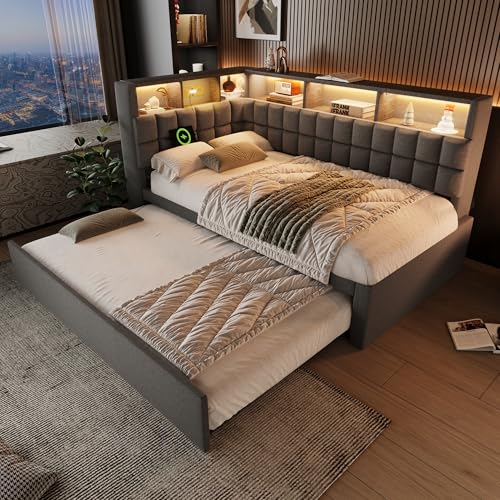 ZIDEY Tagesbett 90x200 mit Ausziehbett 90x190, Schlafsofa mit LED & USB & Bluetooth, Daybett Ausziehbett mit Lattenrost, Gästebett, Ohne Matratze, Grau