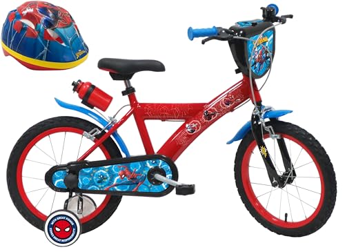 A.T.L.A.S. Jungen Kinderfahrrad Elo für Kinder, 16 Zoll Marvel, ausgestattet mit 2 Bremsen, dekorativer Frontplatte, hinterer Kanister und Spiderman-Helm, Rot wie abgebildet, 16''