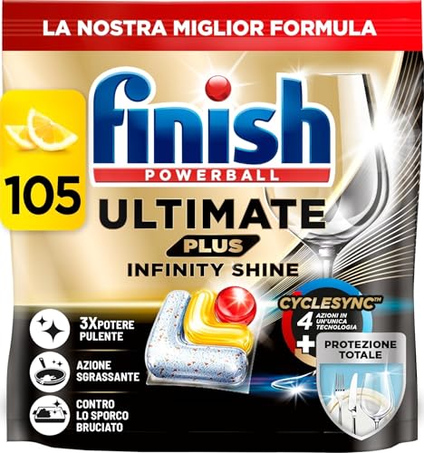 Finish Ultimate Plus Infinity Shine Citrus Spülmaschinentabs, Geschirrspültabs für intensive Reinigung gegen hartnäckige Flecken, starke Fettlösekraft und Glanz mit Schutzschild, 105 Caps