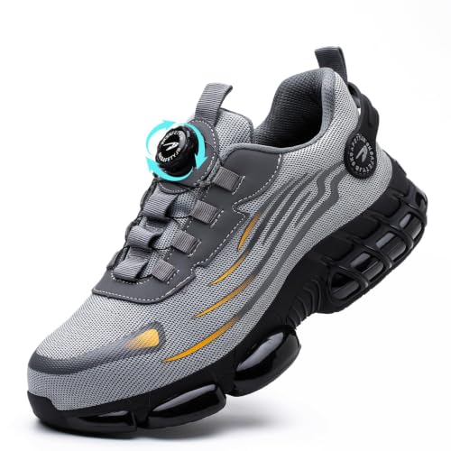 GemChve Arbeitsschuhe Sicherheitsschuhe Herren Damen Stahlkappen Anti-Smashing Leicht Sportlich Atmungsaktiv Selbsthemmend Schnellverschluss Mode Schutzschuhe Grey 43 EU