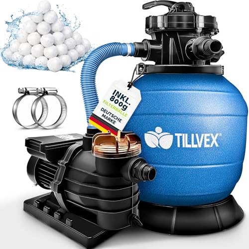 tillvex Sandfilteranlage Pool 10 m³/h inkl. 800g Filterbälle | Filteranlage 7-Wege Ventil & 2in1 Adapter Ø32mm - 38mm | Poolfilter mit Druckanzeige | Sandfilter für Schwimmbecken (Blau)