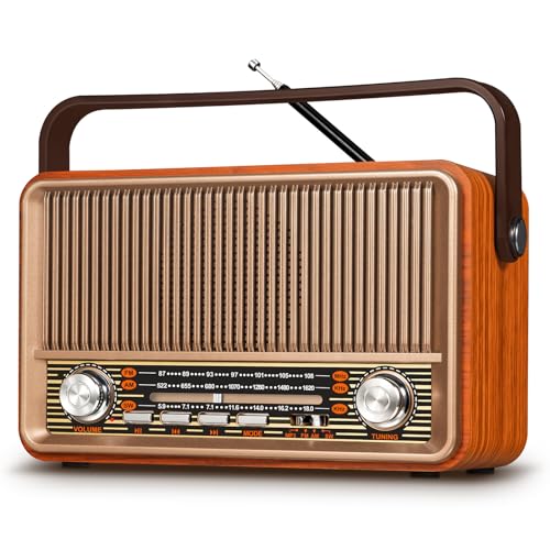 PRUNUS J-120 AM/FM/SW Retro Radio Klein, Kofferradio mit 1800mAh Akku, oder AC-Strom, Küchenradio Nostalgie Radio mit Bluetooth, Unterstützt USB/TF/AUX Funktion, Einfaches Radios für Senioren.