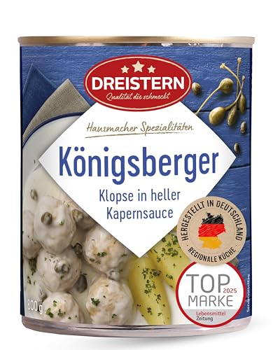 DREISTERN Königsberger Klopse 800g I 8 Klopse in heller Kapernsauce I Herzhaftes Fertiggericht in recyclebarer Konservendose I Lange Haltbarkeit dank natürlicher Konservierung I Hausmacher Qualität