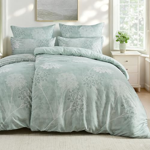 Qucover Bettwäsche 135x200 4teilig Blumen Salbeigrün Bettwäsche Sets mit 2 Kissenbezüge 80x80cm, Mikrofaser Bettwäsche Aesthetic mit Reißverschluss,Bettbezug Landhausstil mit Blätter Blumen Pflanzen