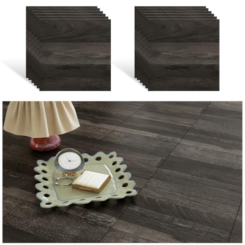 VEELIKE Schwarze Bodenfliesen Holzoptik PVC Bodenbelag Selbstklebend Wasserfest 12 Stück Vinylboden Selbstklebend Dunkelgraue Strukturierte Fliesenaufkleber Boden für Küche Wohnzimmer 30cm x 30cm