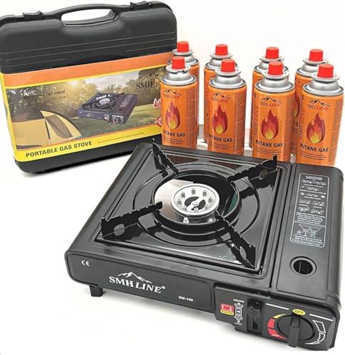 Gaskocher Campingkocher set inkl. 8 Butan Gas Kartuschen 227g Campingkocher 1- flammig max. Leistung 2,2 KW Camping Herd Outdoor Tischgrill Piezozündung Tragekoffer