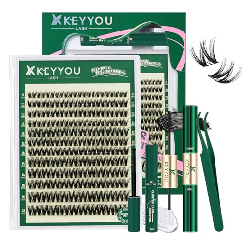 KEYYOU Wimpernverlängerungs-Set, D-Curl, Volumenwimpern, 8–16 mm, Wimpern-Cluster-Set, 132-teilig, Wimpernzange mit Klebstoffentferner und Pinzette, Wispy Lash Clusters Kit (F01-Set)