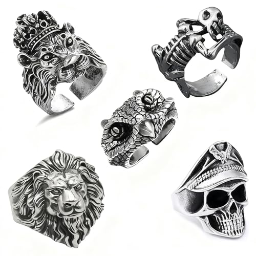 LIUYIDM 5 Stück Totenkopf-Herrenringe, Verstellbare Retro Punk Rock Schädel Herrenring, Edelstahl Schlange Gothic Ring Set, Totenkopf Schmuck für Karneval, Mottoparty, Halloween
