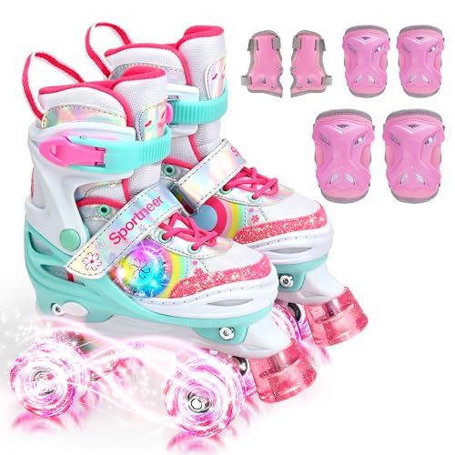 Sportneer Rollschuhe Kinder, Rollschuhe mit Seitliche Leuchtlichter und 6pcs Schutzausrüstung Rollschuhe 4 Größen Verstellbar für Mädchen, Kinder, Jugendliche, Anfänger, Drinnen und Draußen