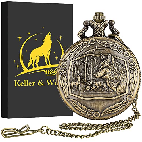 Keller & Weber Vintage Wolf Taschenuhren für Männer, Wolf Geschenke für Männer, Valentinstagsgeschenke, Geburtstagsgeschenke, Halskette Geschenke für Frauen