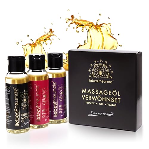 Liebesfreunde® Massageöl Geschenkset – 3 x 50 ml Wellness Öl zur Entspannung, Erotisches Massage Geschenk Set für Frauen & Männer