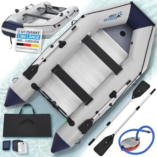 ArtSport Schlauchboot 3,80 m für 6 Personen mit 2 Sitzbänke & Aluboden - Paddelboot mit Paddel, Pumpe, Tasche & Reparaturset - Angelboot aufblasbar