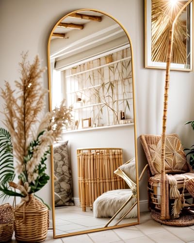 Antok Ganzkörperspiegel, 163 x 53cm Gewölbter Standspiegel Groß in Voller Länge, Wandspiegel mit Aluminiumlegierung Rahmen und Bruchsichere Glas, Bodenspiegel für Wohnzimmer, Ankleide, Gold