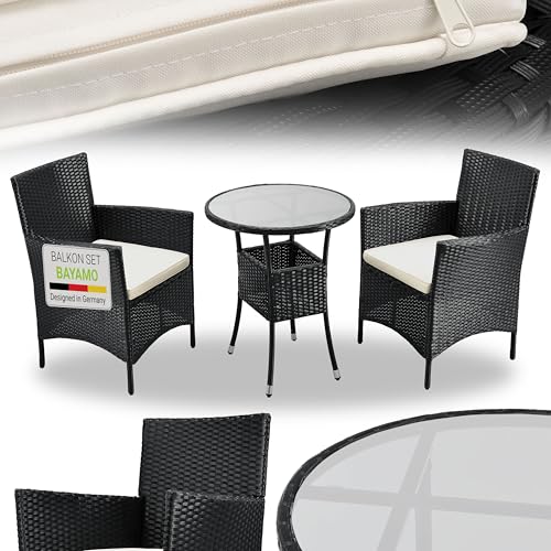 Juskys Polyrattan Balkonset Bayamo 3-teilig - Balkonmöbel wetterfest mit Tisch, 2 Stühle & Kissen - Gartenmöbel Set für 2 Personen - Schwarz/Creme