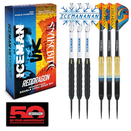 RED DRAGON Peter Wright 'Snakebite' v Gerwyn Price 'Iceman' DWC Steel Tip Dartset aus Messing mit Flights und Schäften