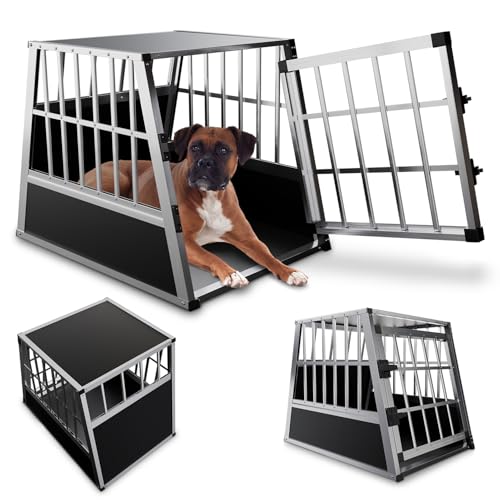 Juskys Alu Hundetransportbox L - 91x66x70 cm - Auto Hundebox robust & pflegeleicht - Gittertür verschließbar - Autotransportbox für Hunde