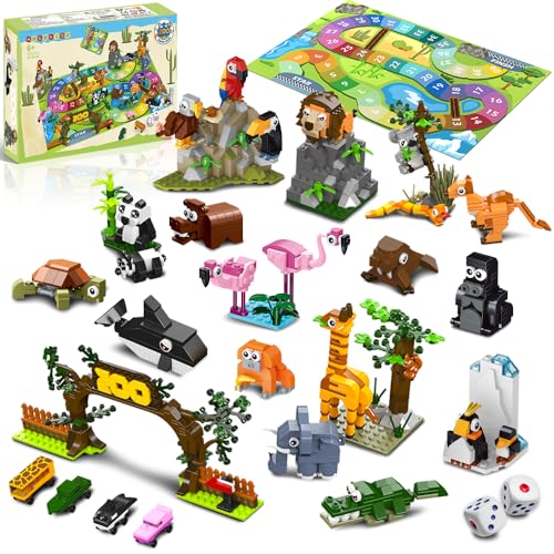 HOGOKIDS 23 Tiere Zoo-Bausatz mit Spielmatte – Zoo-Brettspiel mit 2 Würfeln, 4 Tierauto-Spielzeugen, 9er-Pack Partygeschenke für Kinder, Klassenzimmerpreise, Geschenke für Jungen Mädchen ab 6 Jahren