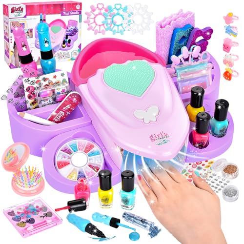 Herenear Nagelstudio Kinder Mädchen, Geschenke für Mädchen Nagellack Set, Nagelkunst Kinder 6 7 8 9, DIY Schminkkoffer Spielzeug, Kinderschminke Set mit Nageltrockner für Geburtstag Weihnachten