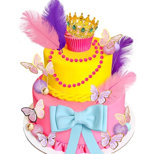 JeVenis Ausgefallene Geburtstagskuchen Dekoration Feder Schmetterling Rosa Lila Krone Schleife Kuchendekoration Für Ästhetische Geburtstags Brautparty Und Party Zubehör
