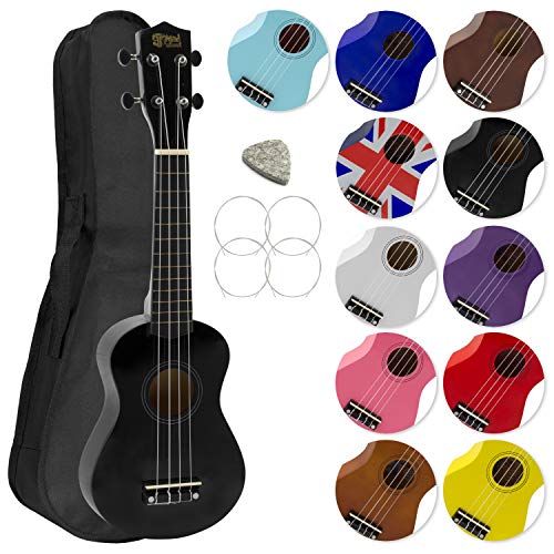 Mad About SU8-BK Sopran-Ukulele in Schwarz mit einer GRATIS Gigbag, Pick und Ersatzsaiten - großartig für Schulen und Anfänger, 56 x 20 x 8 cm