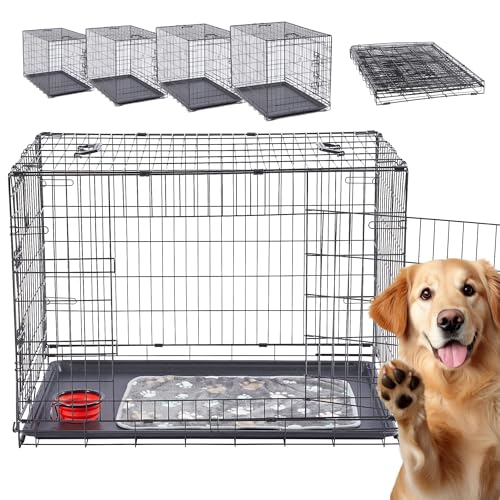Arebos Hundekäfig 92,5 x 60 x 66 cm | Hundetransportbox Auto klappbar | Hundebox faltbar | Transportbox Hund mit 2 Türen | Hundekäfig für Zuhause | L Schwarz