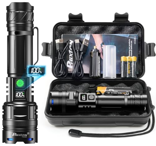 PHIXTON Taschenlampe LED Aufladbar Extrem Hell 500000 Lumens 1 Lichtmodi Große Reichweite, Super Helle Starke Taktische USB C Flashlight, Zoombares Wiederaufladbare Torch Light für Outdoor Security