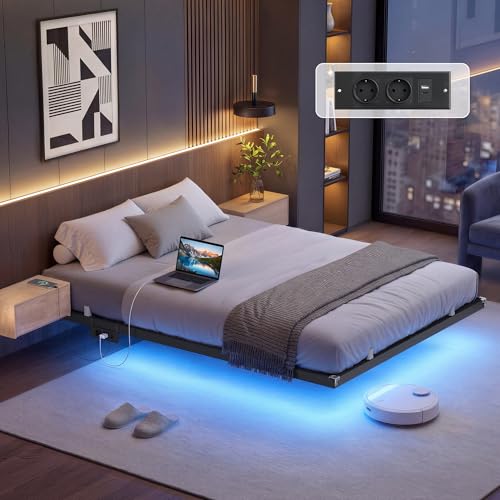 VASAGLE Bettgestell 140 x 200 cm, schwebender Effekt, LED-Beleuchtung, abnehmbare Steckdosenleiste, 2 AC-Steckdosen, 1 USB-C-Anschluss, 2 USB-A-Anschlüsse, trägt bis 500 kg, tintenschwarz RMB174B101