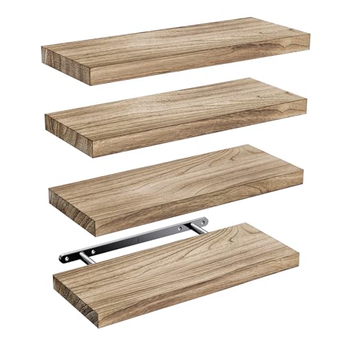 Pipishell Wandregal Holz, 40 cm Regal Wand, Paulownia Küchenregal Hängend Schweberegal Holzregal, 4er-Set aus Holzregalen für Badezimmer, Schlafzimmer, Büro, Wohnzimmer, Küche usw. (Hellbraun)