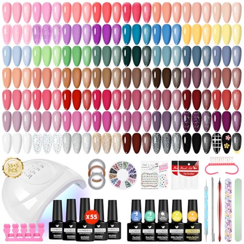 VANREESA Gel Nägel Set, 55 Farben U V Nagellack Set mit 48W U V/ LED Nagellampe Braun Lila Blau Grün Gelnägel Starterset Maniküre Starter Set Nägel Selber Machen Set Geschenk für Frauen