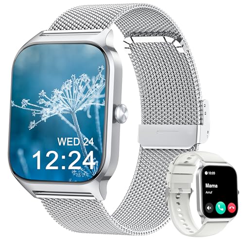 Popglory Smartwatch mit Telefonfunktion Herren Damen, 1,85 HD-Bildschirm Fitnessuhr, BlutdruckmessungHerzfrequenzSpO2DruckSchlafMenstruation, 100 + Sportmodi, Weltuhr Rechner Wetter, Android iOS