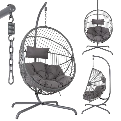 Arebos Hängesessel mit Gestell | Freistehender Hängesessel für Garten, Balkon, In- & Outdoor | Ei Sessel höhenverstellbar 160–180 cm | Stahlgestell belastbar bis 130 kg | inkl. Sitz- & Nackenkissen