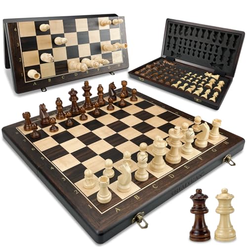 Sihaiyuan Schachspiel Holz Magnetisch – Faltbares Schachbrett 39 cm, Hochwertiges Wooden Chess Board mit 34 Staunton Figuren inkl. Extra Damen, Tragbares Schachspiel für Erwachsene & Kinder