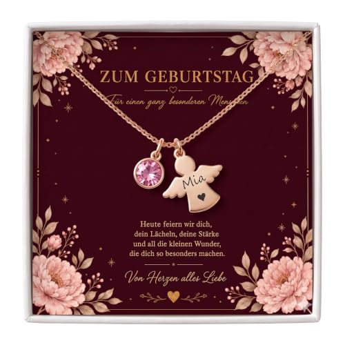 Personalisierte Kette mit Schutzengel und Geburtsstein in Silber und Rosegold | Taufgeschenke für Mädchen zu Kommunion Konfirmation Einschulung | Namenskette Personalisiert mit Gravur