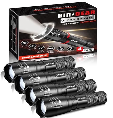 HinsGEAR 1 Modus Taschenlampe Extrem Hell 4 Stück, Aluminium 2000 Lumen LED Taschenlampe Batteriebetrieben, IP65 Wasserdichte Handlampe Zoombar für Camping, Wandern, Outdoor, Notfall, Geschenk