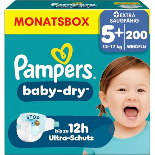Pampers Baby-Dry Größe 5+, 200 Windeln, 12kg-17kg, Bis zu 100% Auslaufschutz und Komfort die ganze Nacht